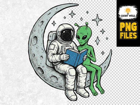 Astronaut and Green Alien Reading on Moo: Retro Charm for Modern Projects