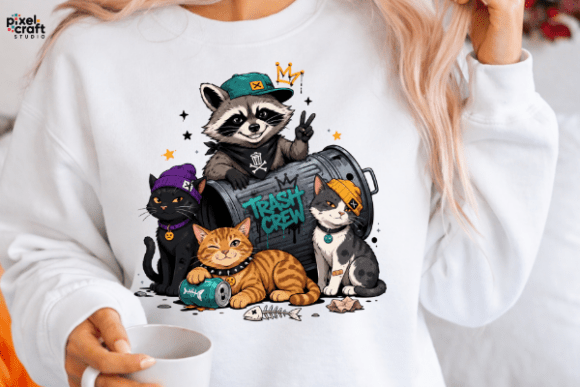 Trash Crew Funny Raccoon Cats PNG: Streetwear Graphic Design